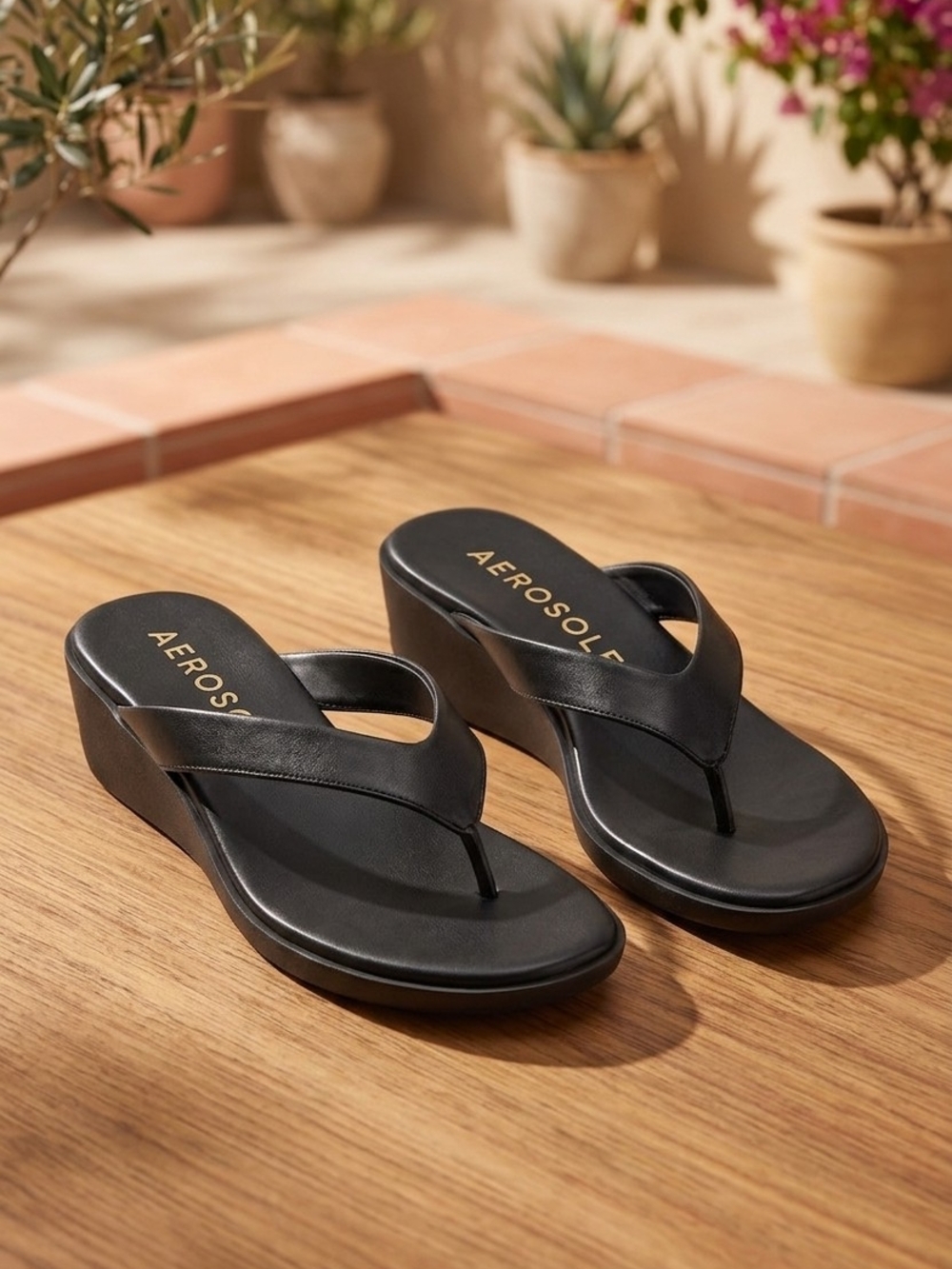 AEROSOLES Black Leather Wedge Thong Sandals